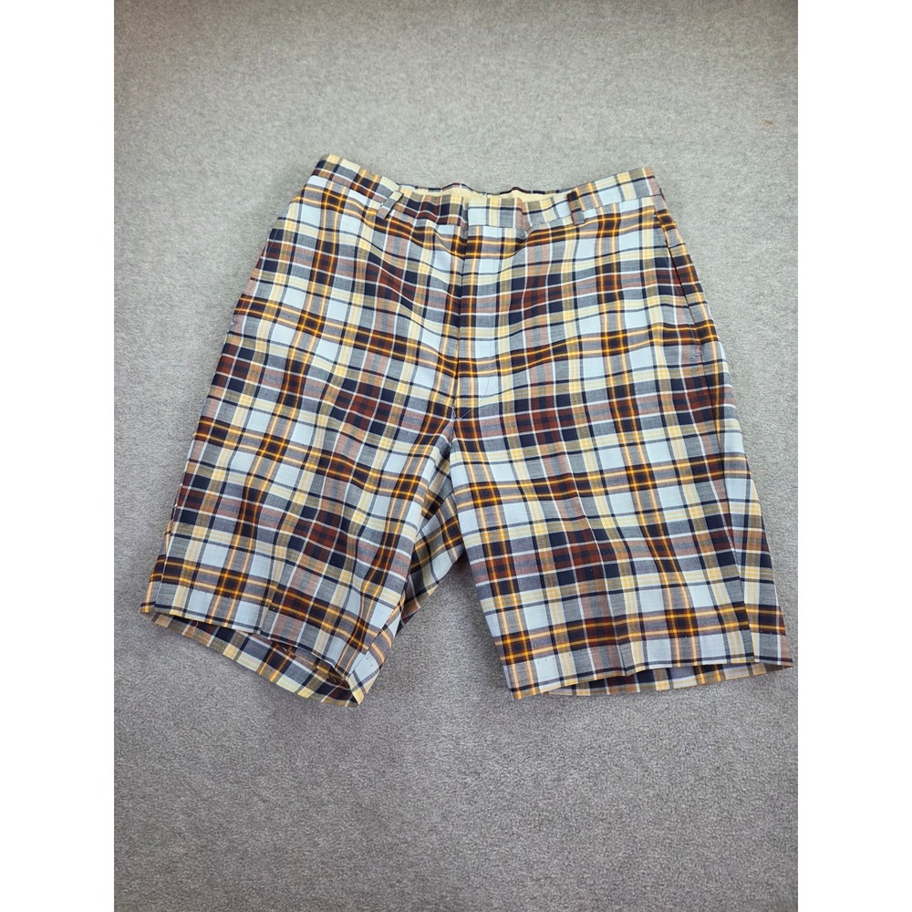 Vintage Sears Perma Prest Plaid Golf Shorts Retro 70s Blue Yellow Size 32